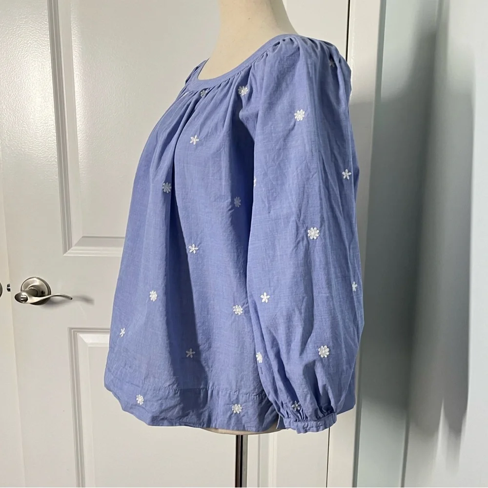 J. Crew The Perfect Embroidered Chambray Top Puff Sleeves blouse size M